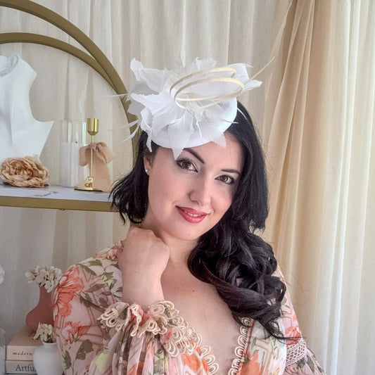 White Fascinator Hat with Feathers, Sinamay Loops & Curled Quills - House of Hats