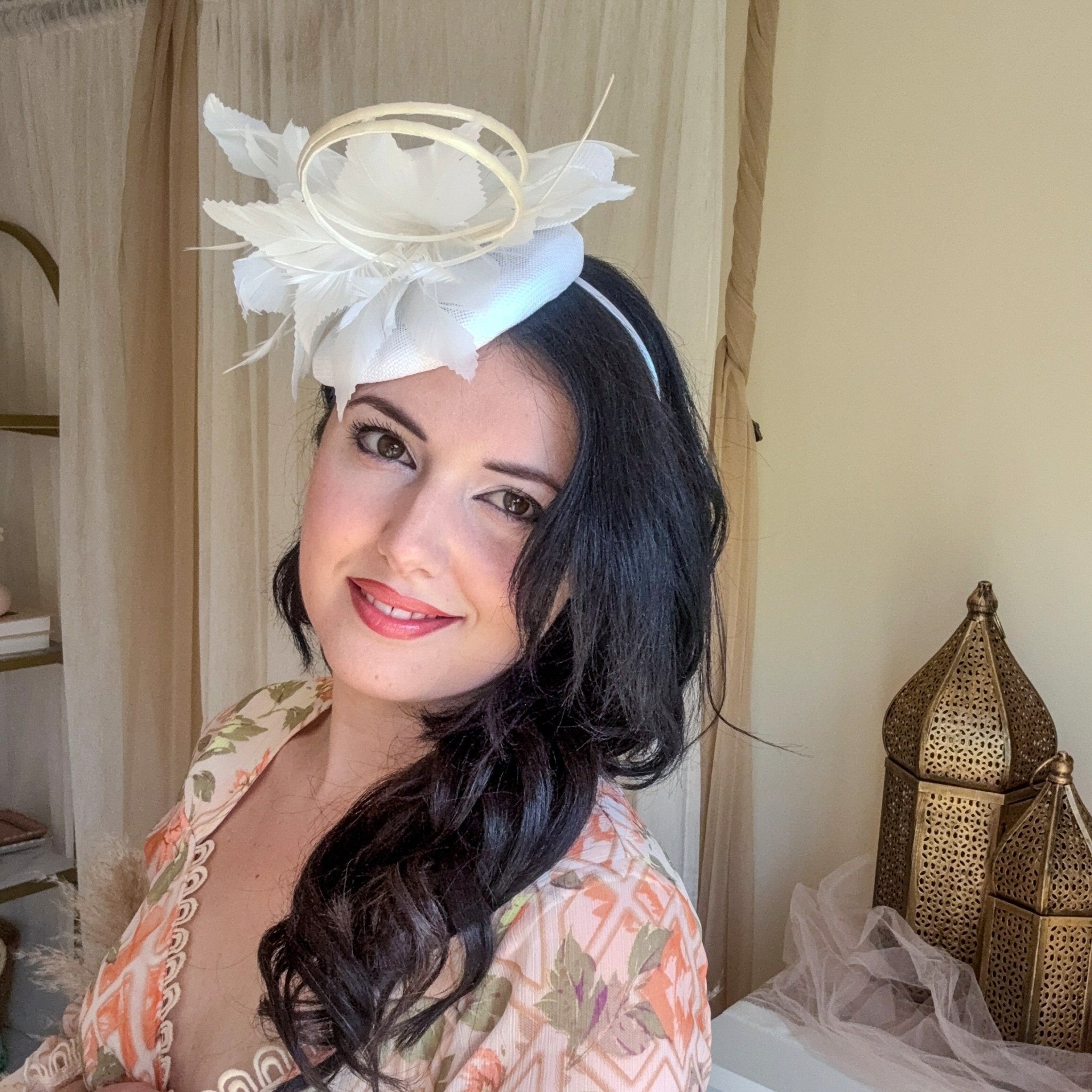 White Fascinator Hat with Feathers, Sinamay Loops & Curled Quills - House of Hats