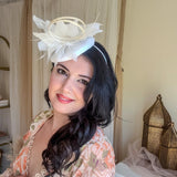 White Fascinator Hat with Feathers, Sinamay Loops & Curled Quills - House of Hats