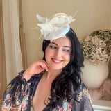 White Fascinator Hat with Feathers, Sinamay Loops & Curled Quills - House of Hats