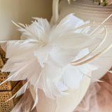 White Fascinator Hat with Feathers, Sinamay Loops & Curled Quills - House of Hats