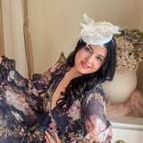 White Fascinator Hat with Feathers, Sinamay Loops & Curled Quills - House of Hats