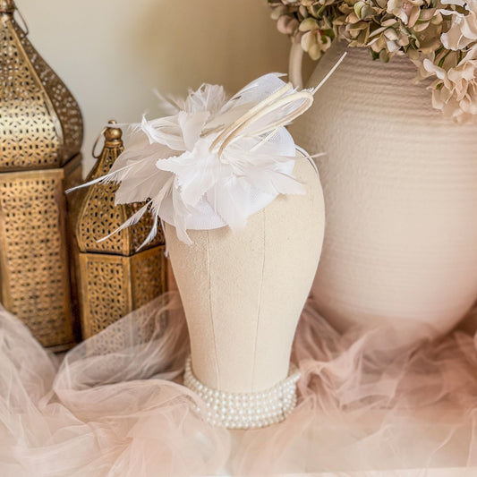 White Fascinator Hat with Feathers, Sinamay Loops & Curled Quills - House of Hats