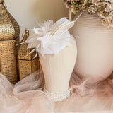 White Fascinator Hat with Feathers, Sinamay Loops & Curled Quills - House of Hats