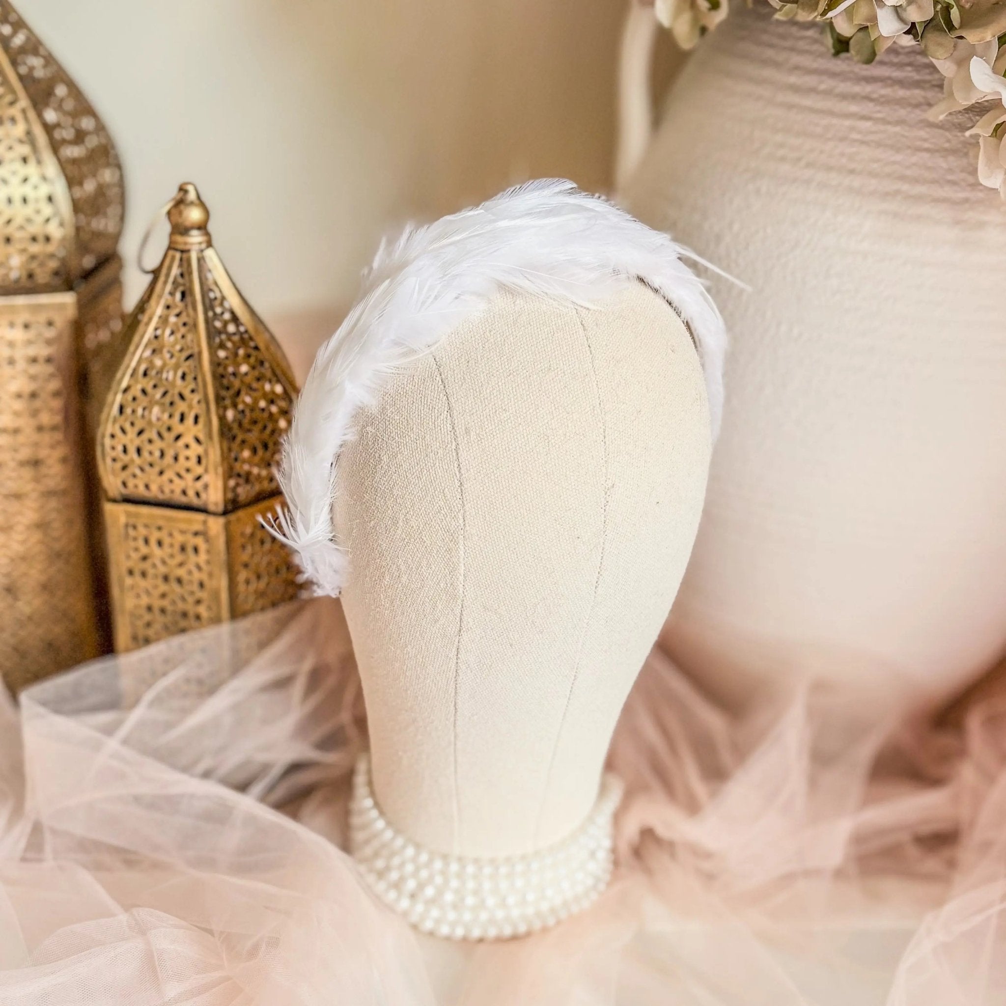 White feather headband fascinator - House of Hats