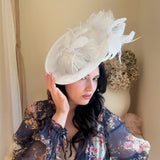 White feather large saucer disc fascinator hat - House of Hats