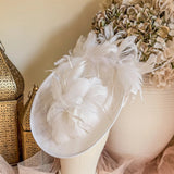 White feather large saucer disc fascinator hat - House of Hats