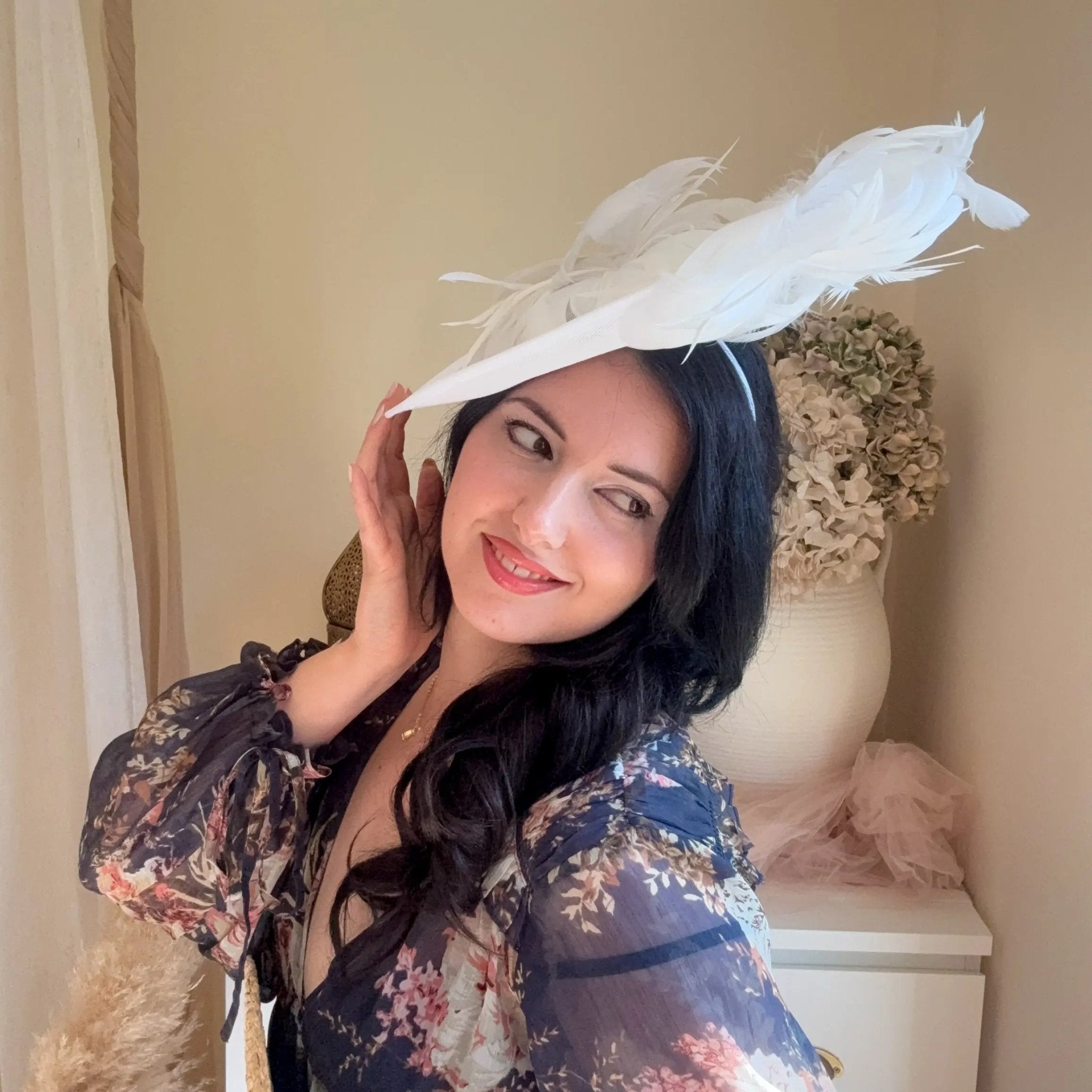 White feather large saucer disc fascinator hat - House of Hats