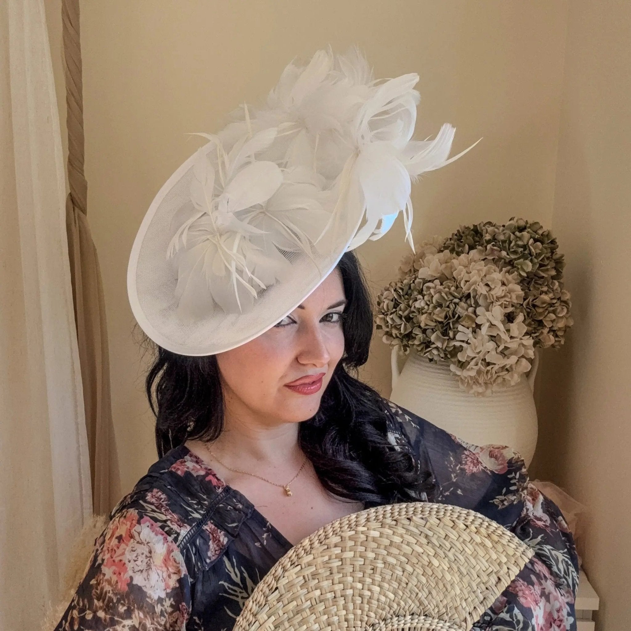 White feather large saucer disc fascinator hat - House of Hats