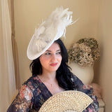 White feather large saucer disc fascinator hat - House of Hats
