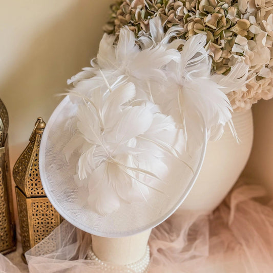 White feather large saucer disc fascinator hat - House of Hats