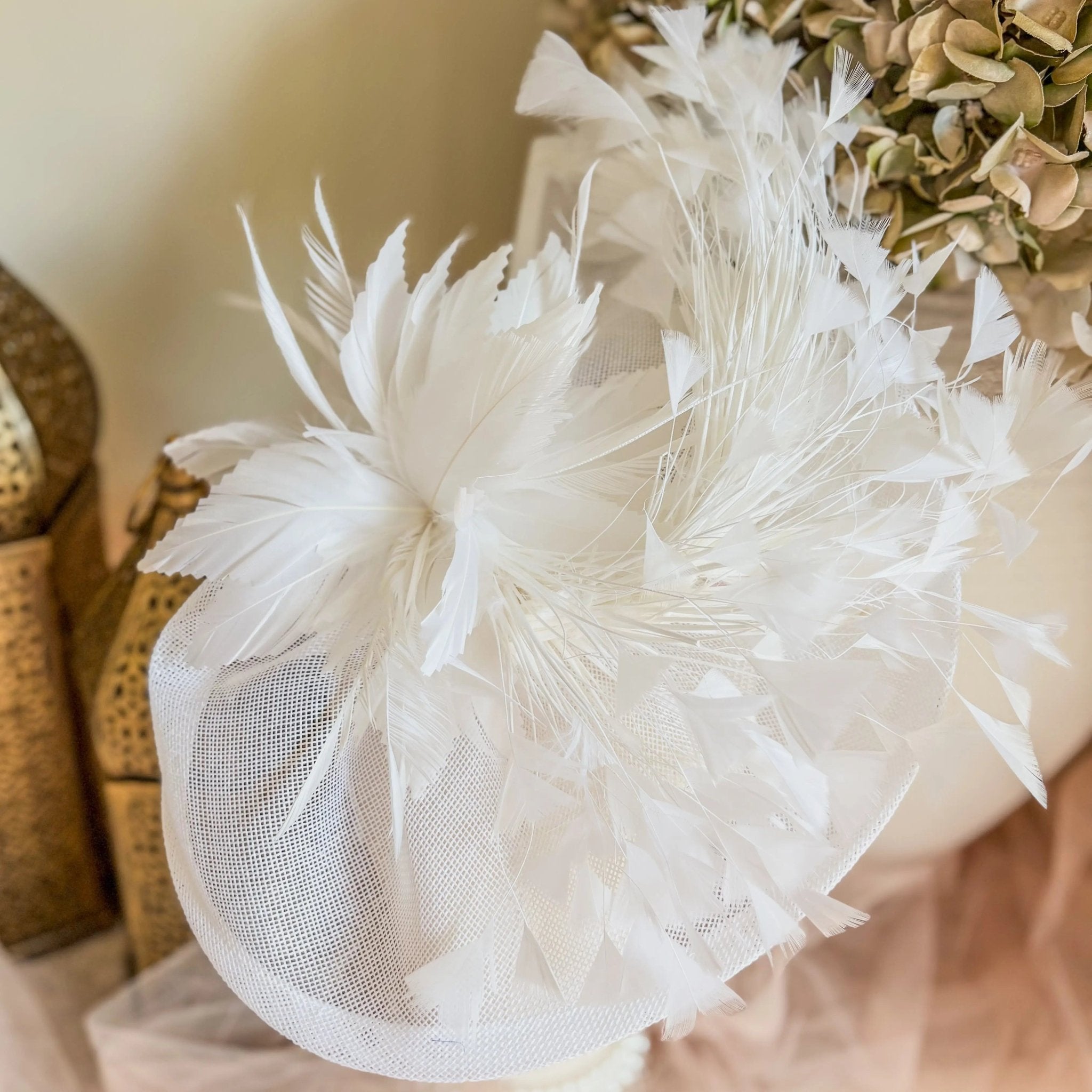 White feather large teardrop fascinator hat - House of Hats