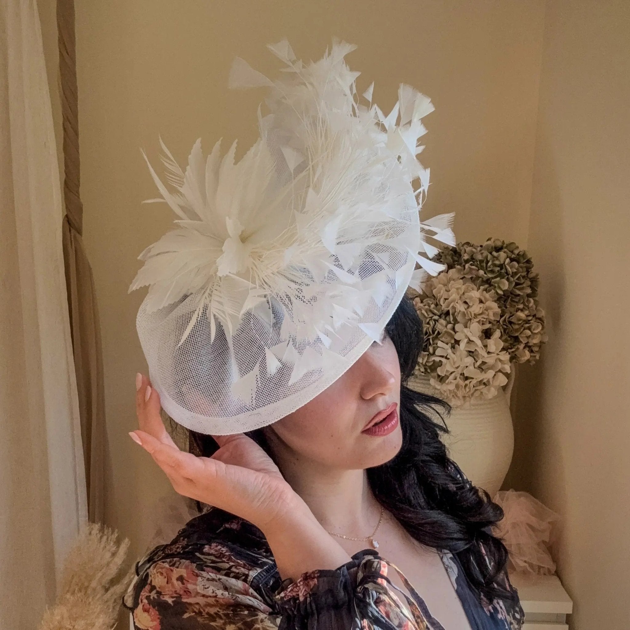 White feather large teardrop fascinator hat - House of Hats