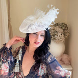 White feather large teardrop fascinator hat - House of Hats