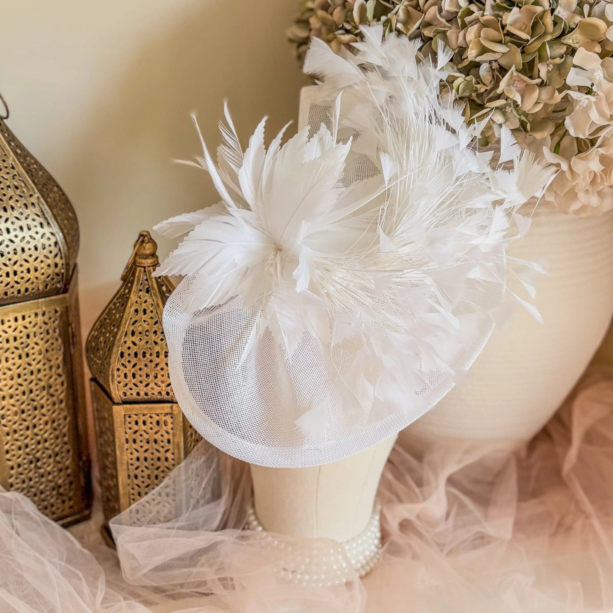White feather large teardrop fascinator hat - House of Hats