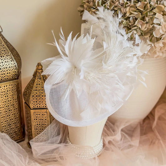 White feather large teardrop fascinator hat - House of Hats