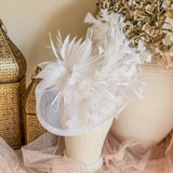 White feather large teardrop fascinator hat - House of Hats