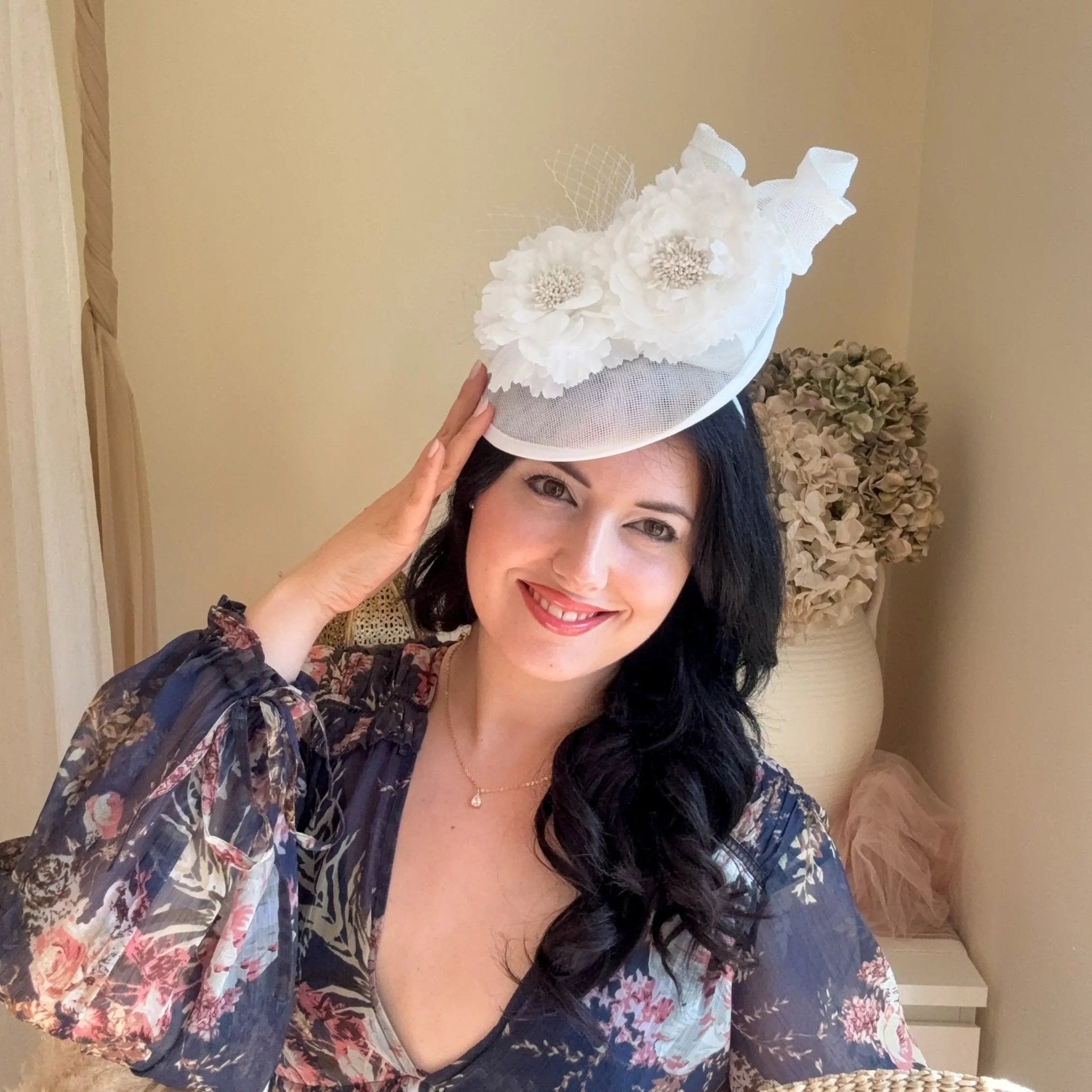 White flower disc fascinator for women - House of Hats