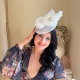 White flower disc fascinator for women - House of Hats