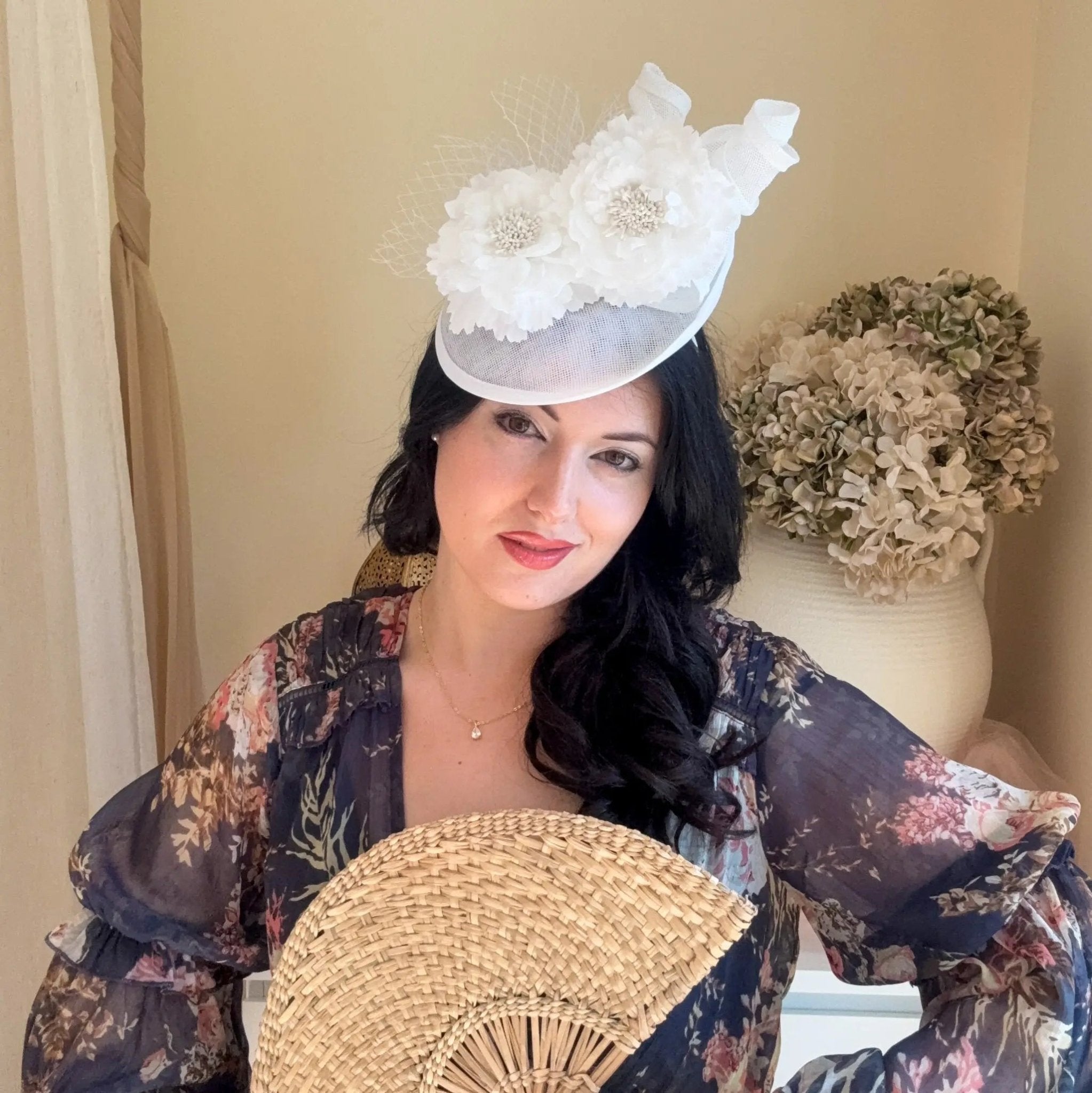 White flower disc fascinator for women - House of Hats