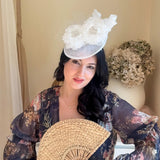 White flower disc fascinator for women - House of Hats
