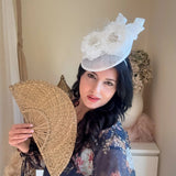 White flower disc fascinator for women - House of Hats