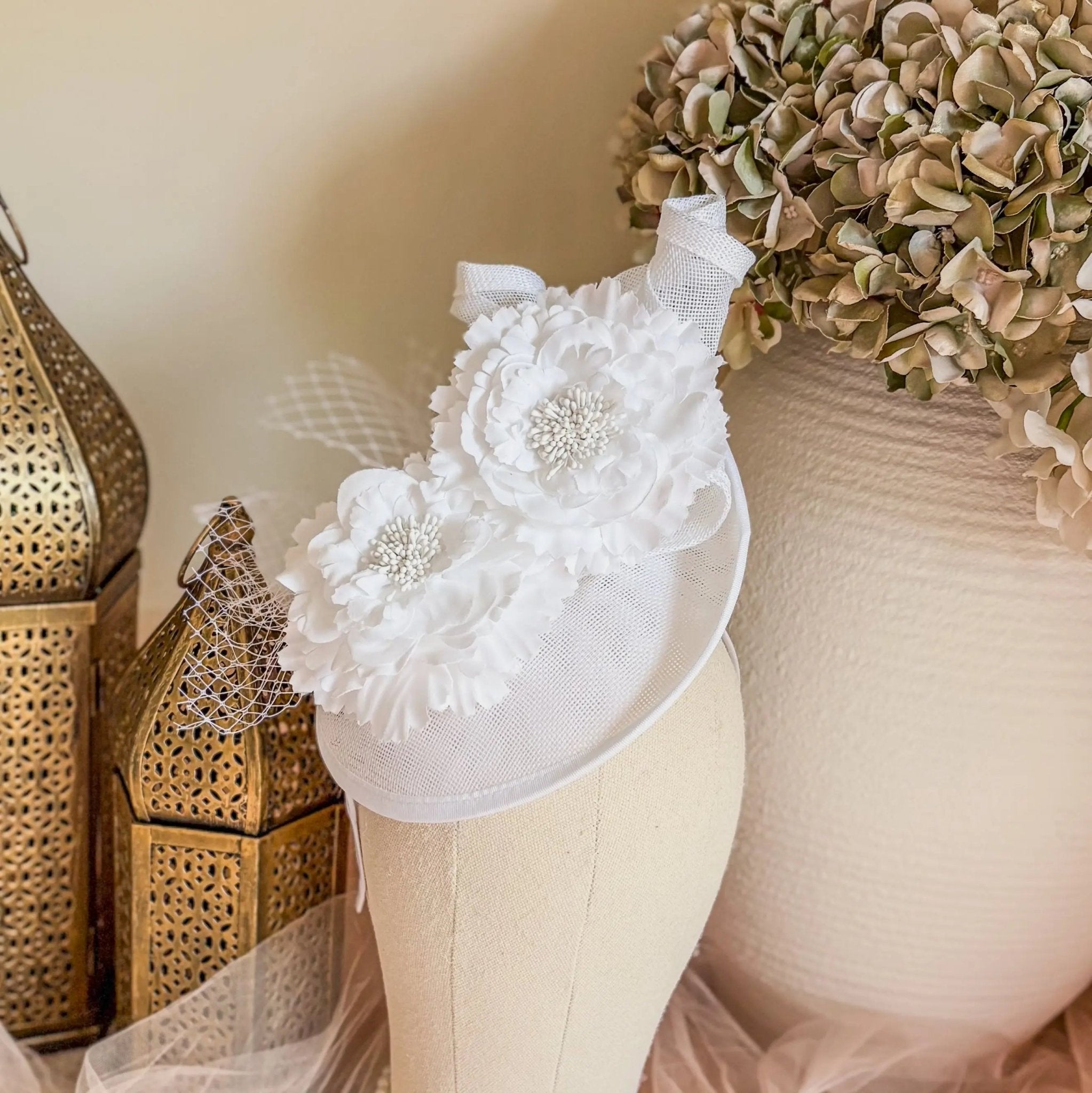 White flower disc fascinator for women - House of Hats