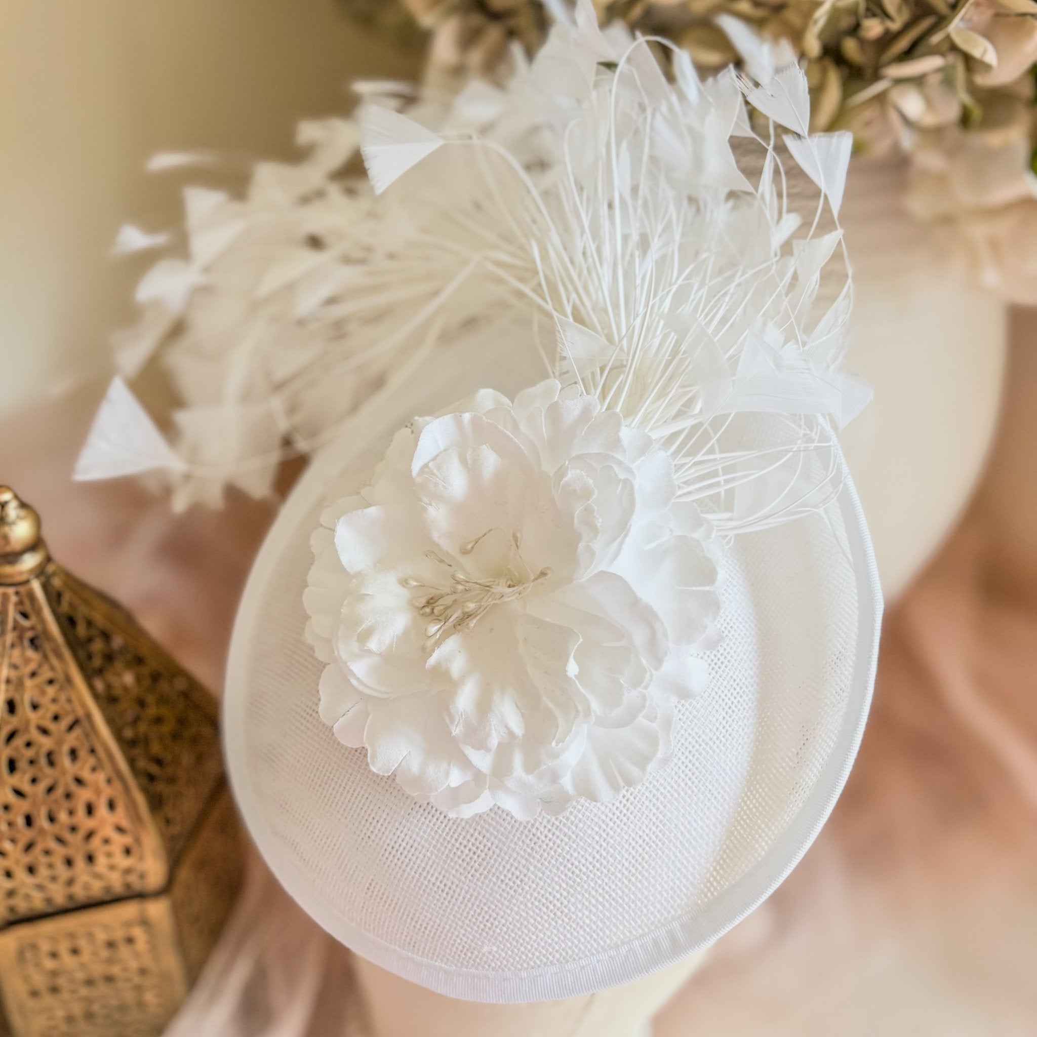 White flower feather disc saucer fascinator hat - House of Hats