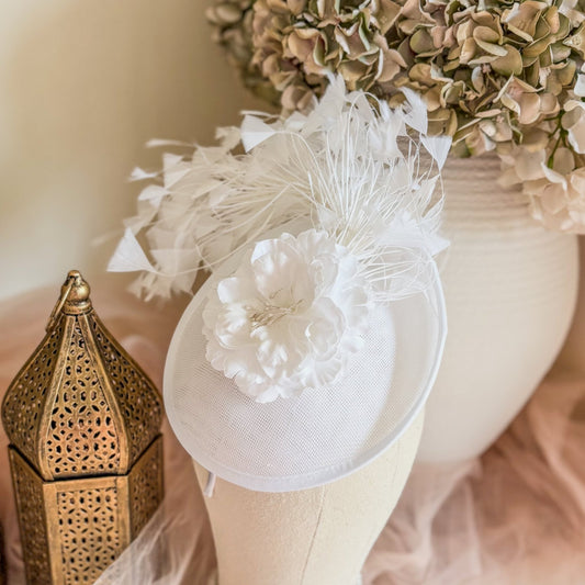 White flower feather disc saucer fascinator hat - House of Hats