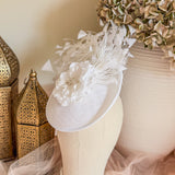White flower feather disc saucer fascinator hat - House of Hats