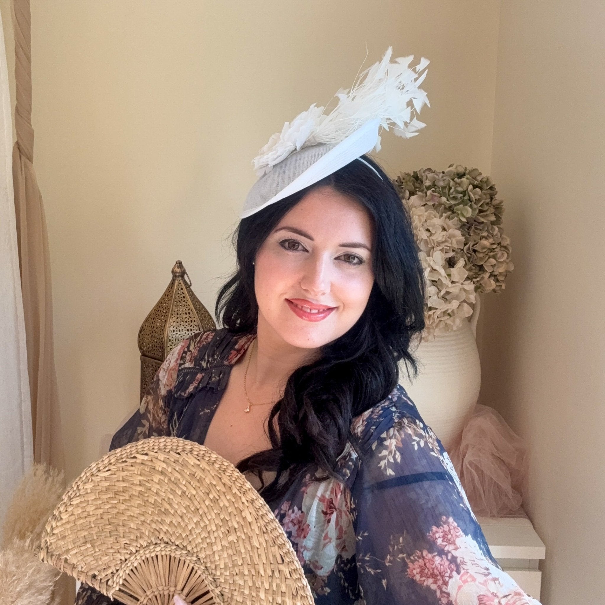 White flower feather disc saucer fascinator hat - House of Hats