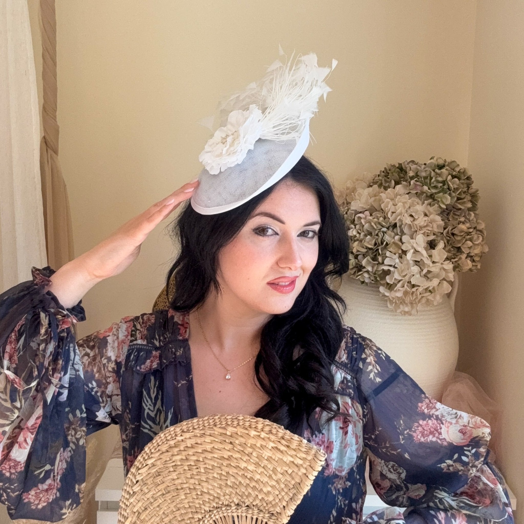 White flower feather disc saucer fascinator hat - House of Hats
