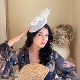 White flower feather disc saucer fascinator hat - House of Hats