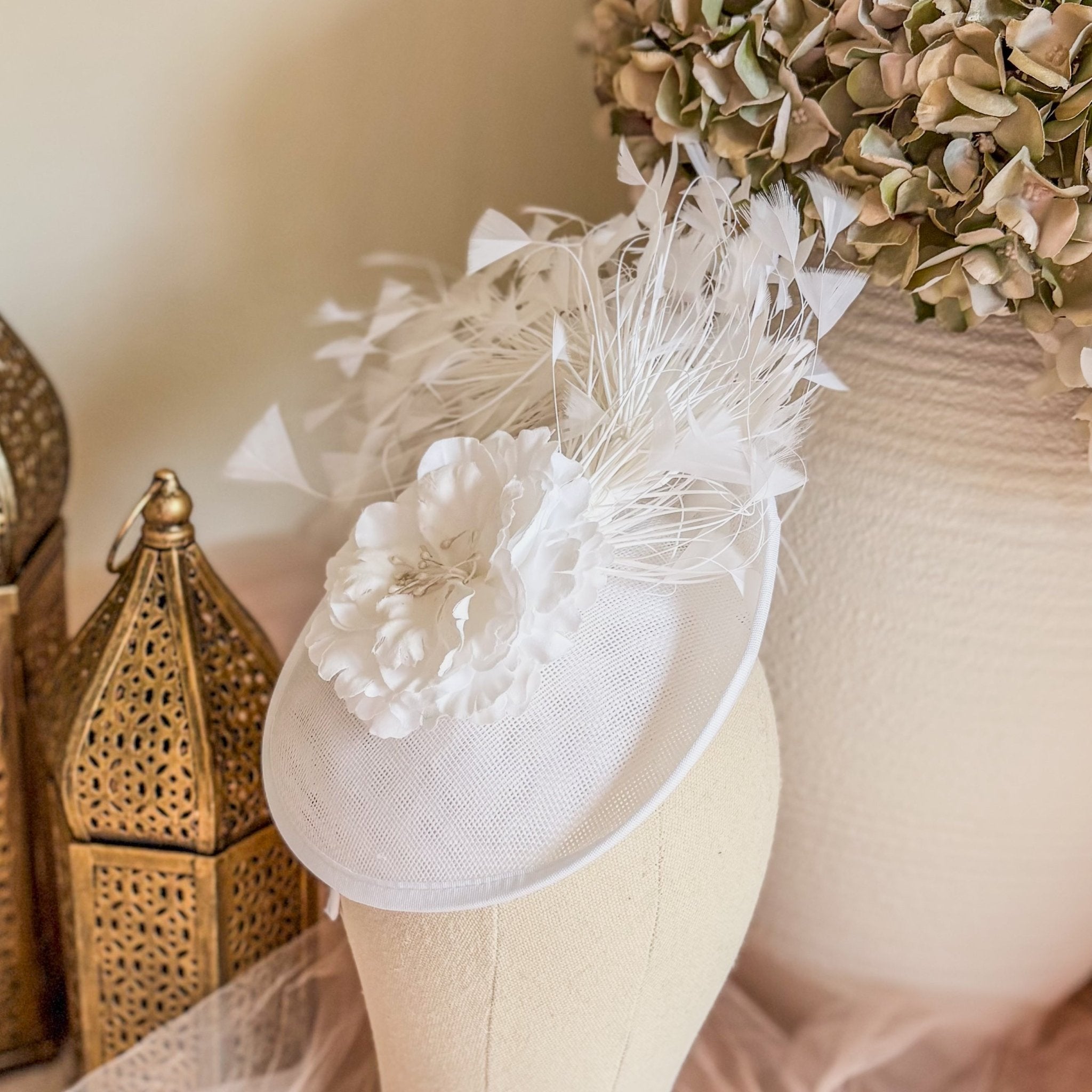 White flower feather disc saucer fascinator hat - House of Hats