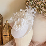 White flower feather disc saucer fascinator hat - House of Hats