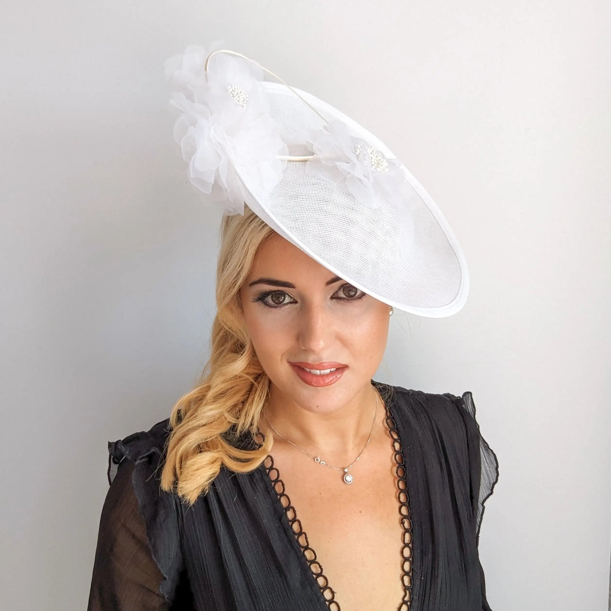 White large flower saucer disc fascinator hat - House of Hats