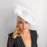 White large flower saucer disc fascinator hat - House of Hats