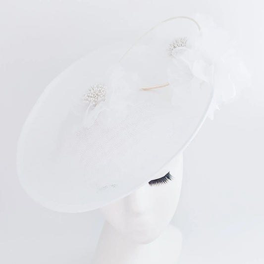 White large flower saucer disc fascinator hat - House of Hats