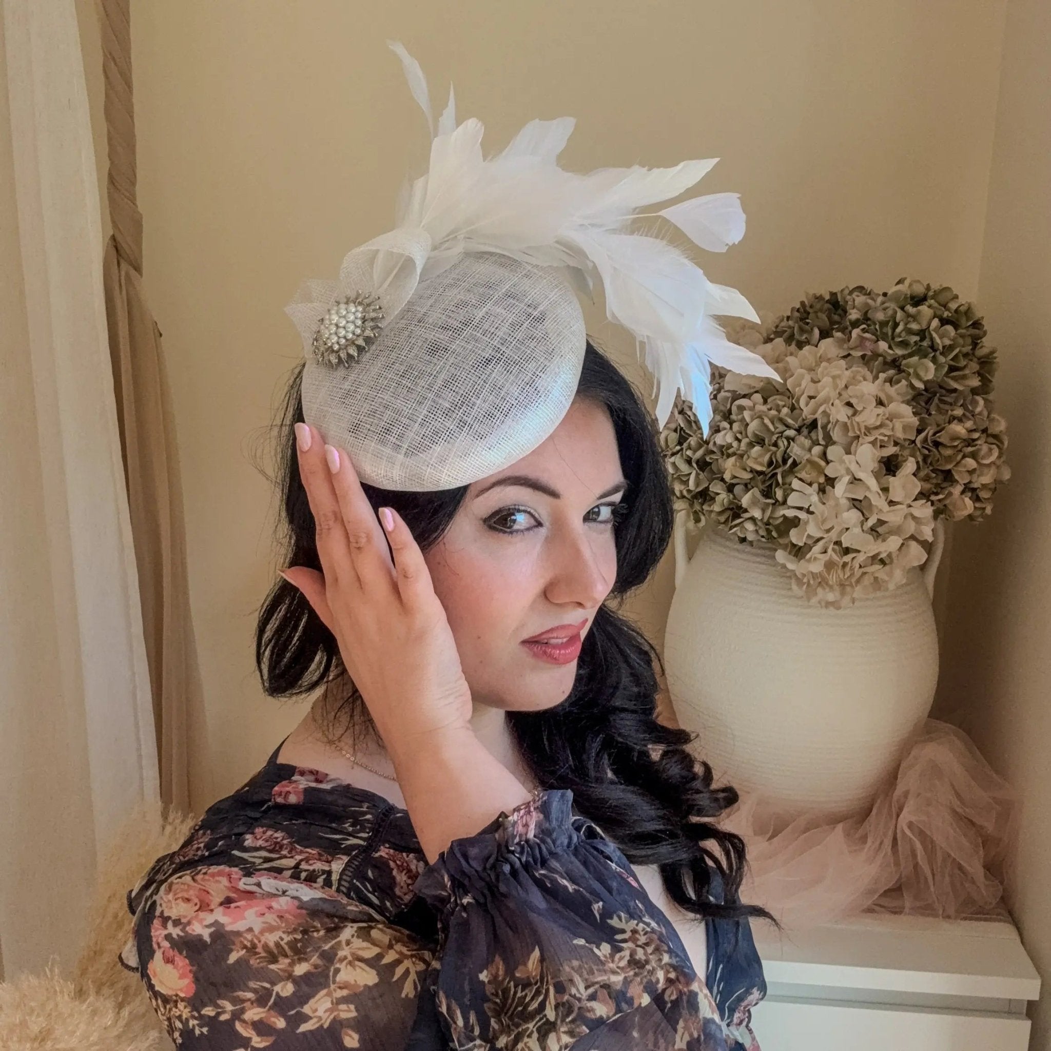 White Pearl Fascinator Hat with Feathers - House of Hats