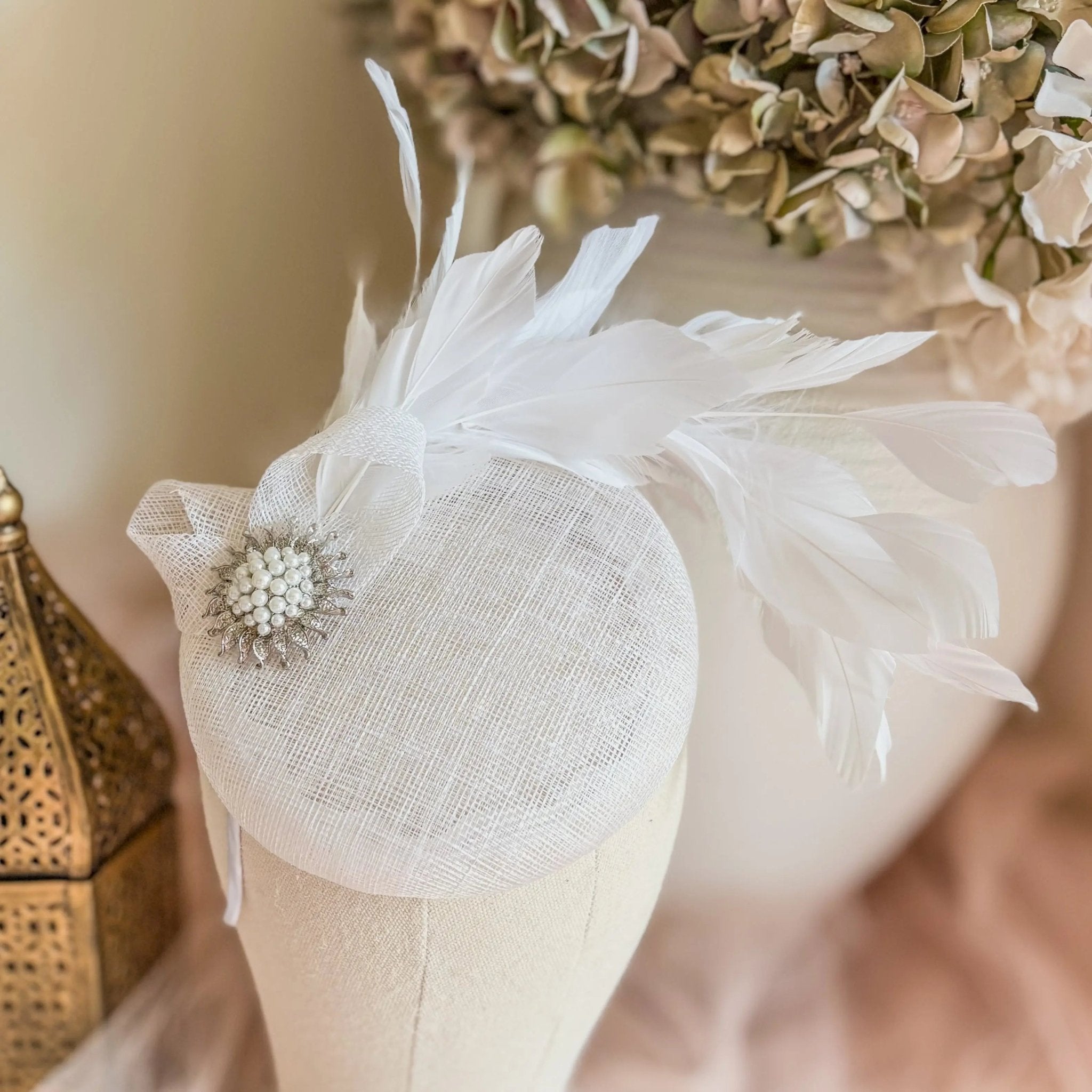 White Pearl Fascinator Hat with Feathers - House of Hats