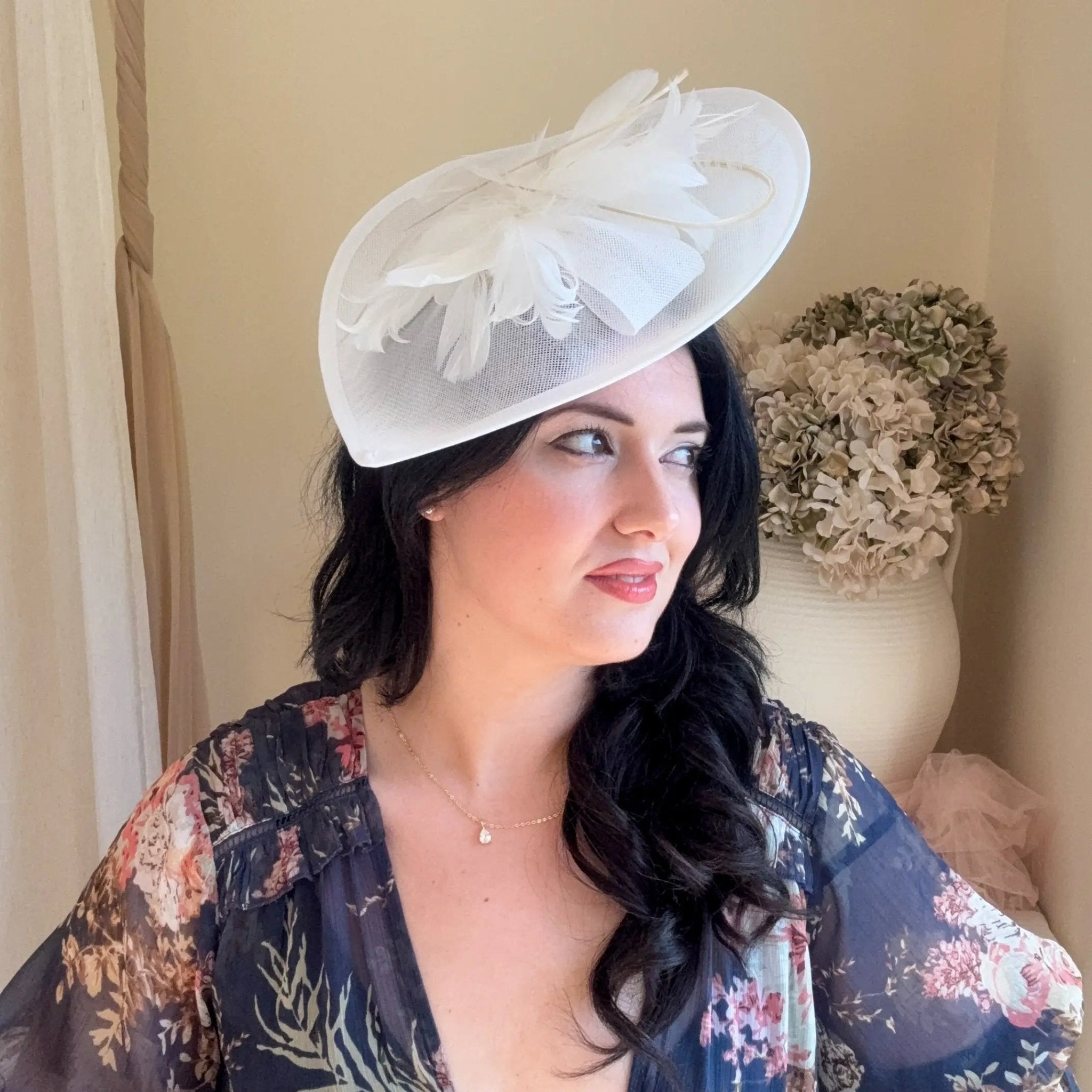 White Teardrop Fascinator Hat with Feathers - House of Hats