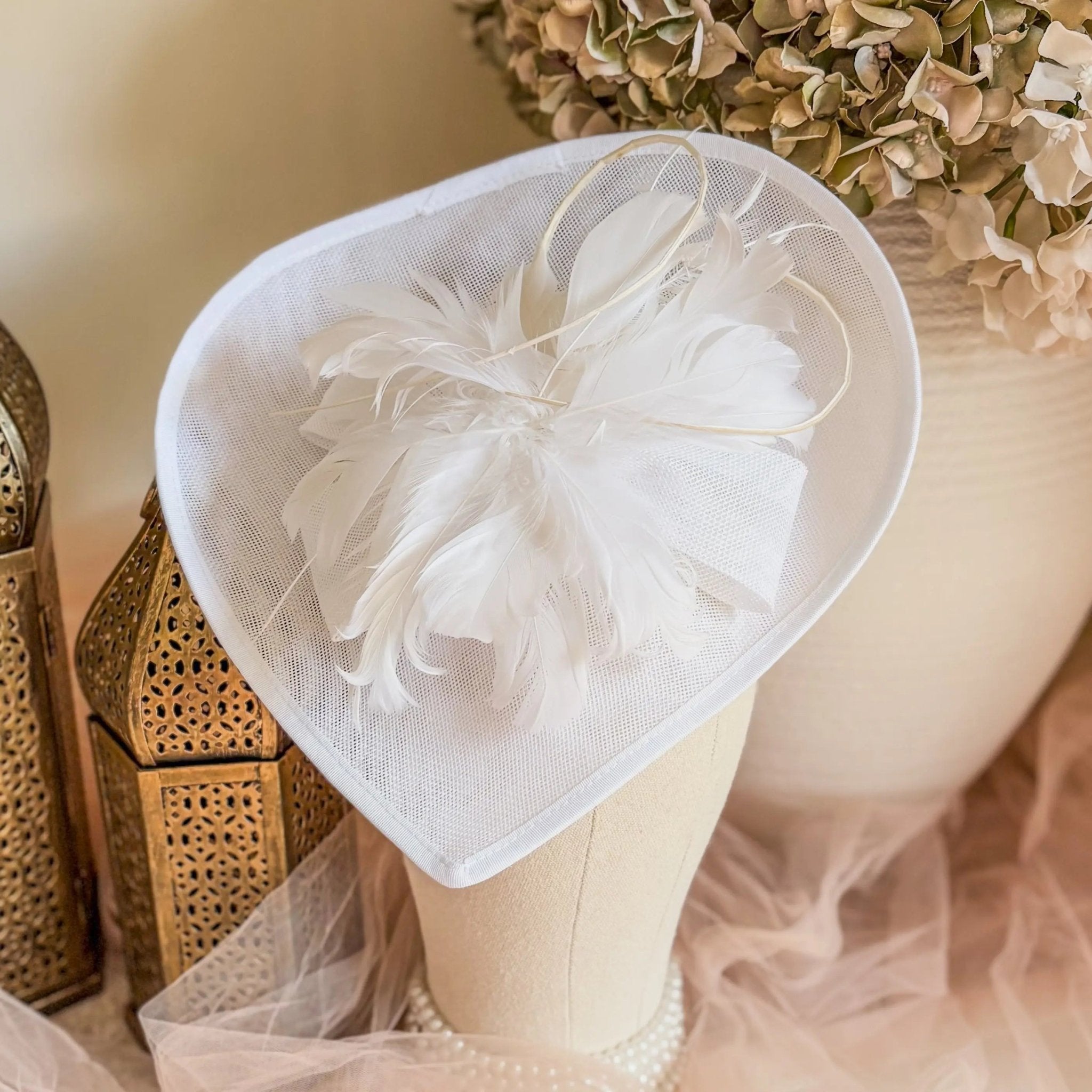 White Teardrop Fascinator Hat with Feathers - House of Hats