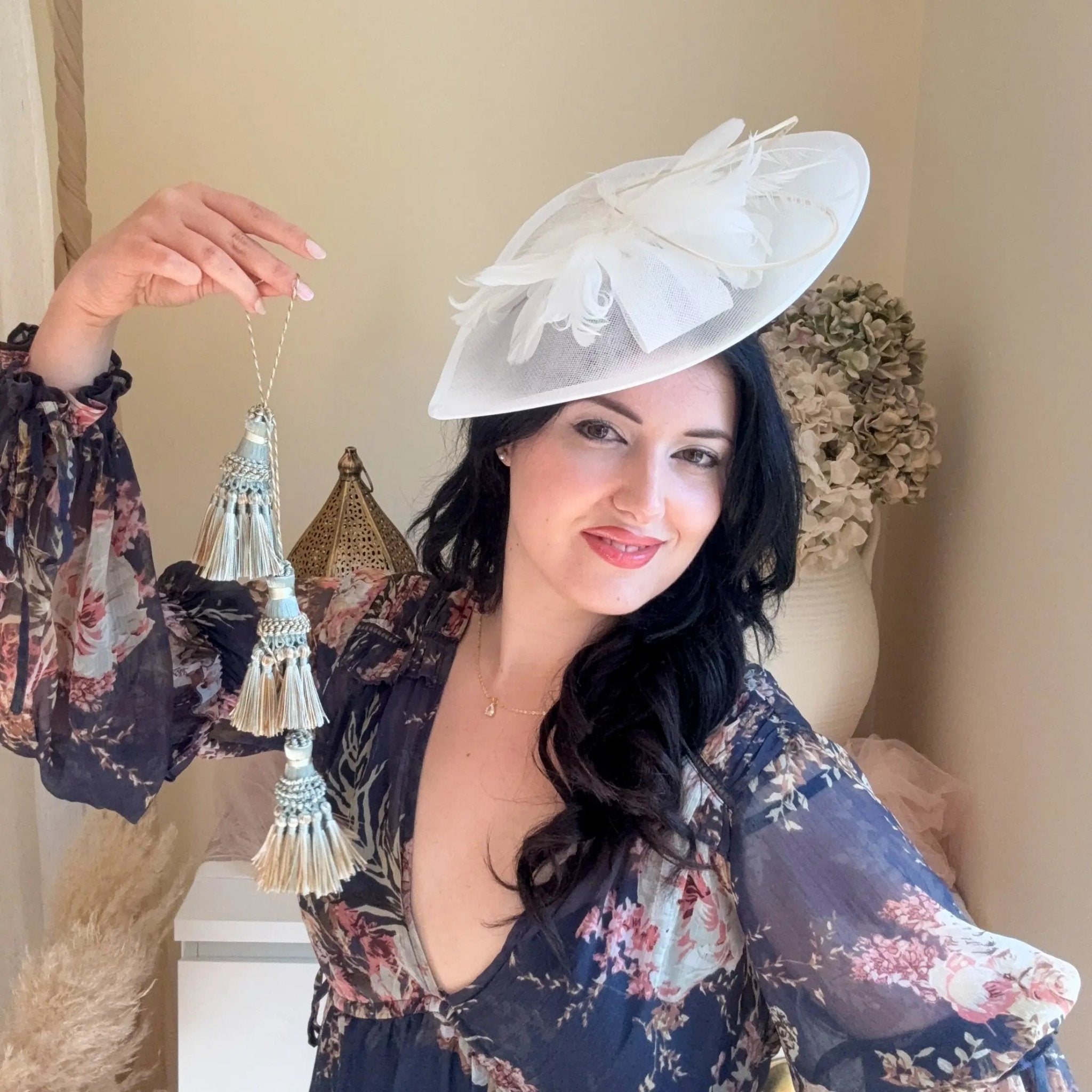 White Teardrop Fascinator Hat with Feathers - House of Hats