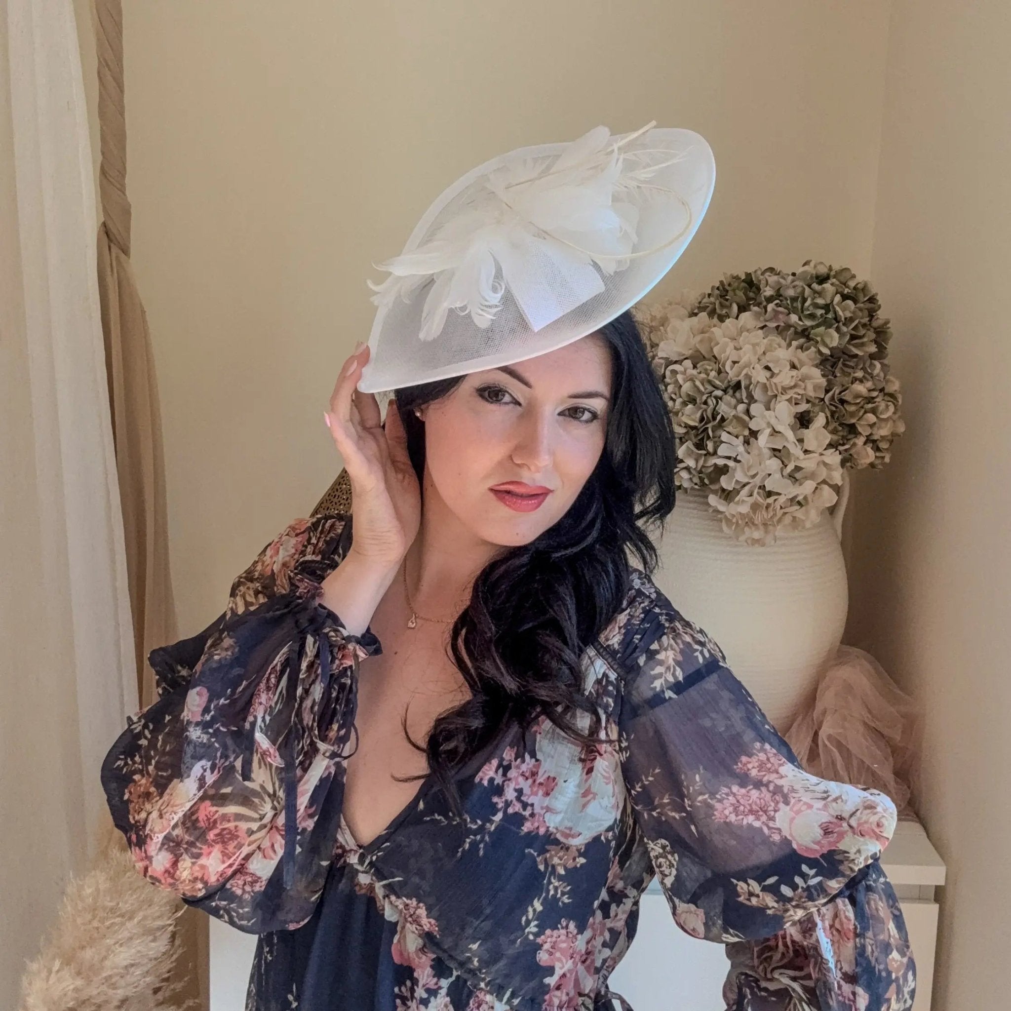 White Teardrop Fascinator Hat with Feathers - House of Hats