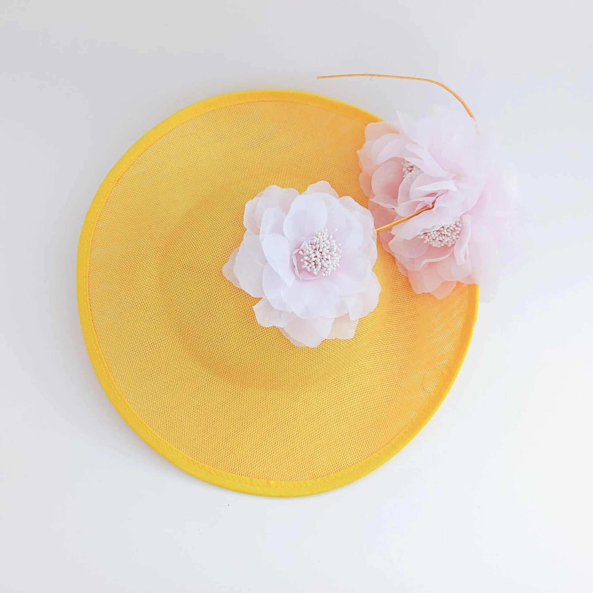 Yellow and pink large flower saucer disc fascinator hat - House of Hats