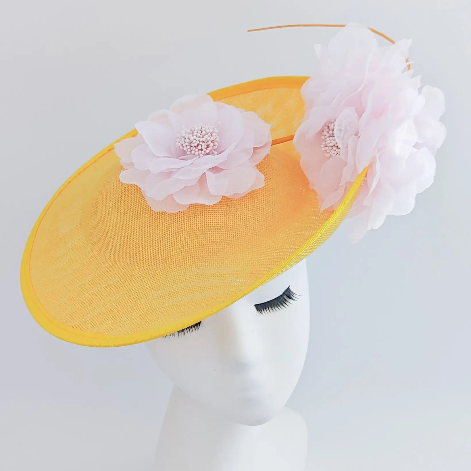 Yellow and pink large flower saucer disc fascinator hat - House of Hats