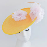 Yellow and pink large flower saucer disc fascinator hat - House of Hats