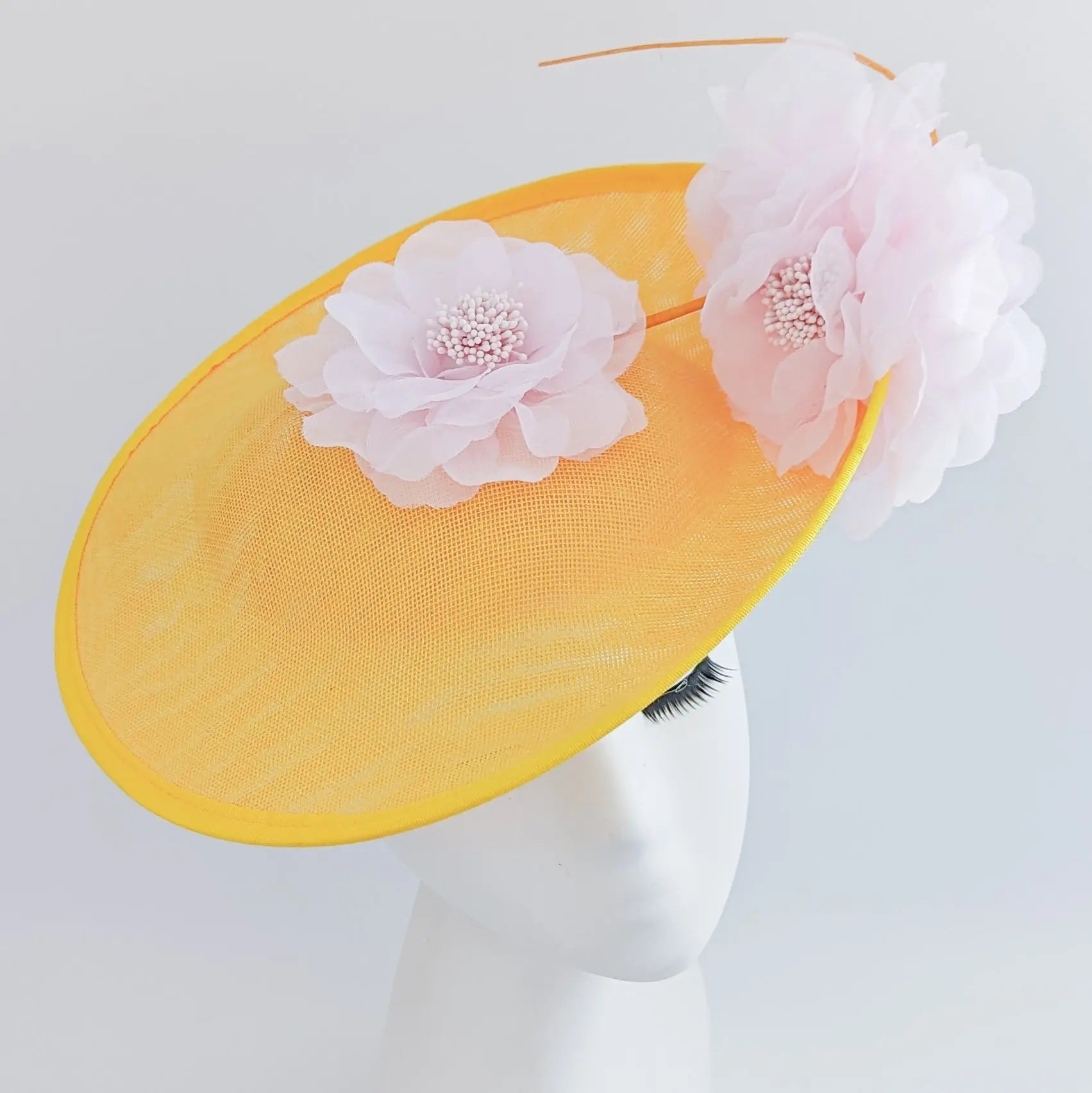 Yellow and pink large flower saucer disc fascinator hat - House of Hats