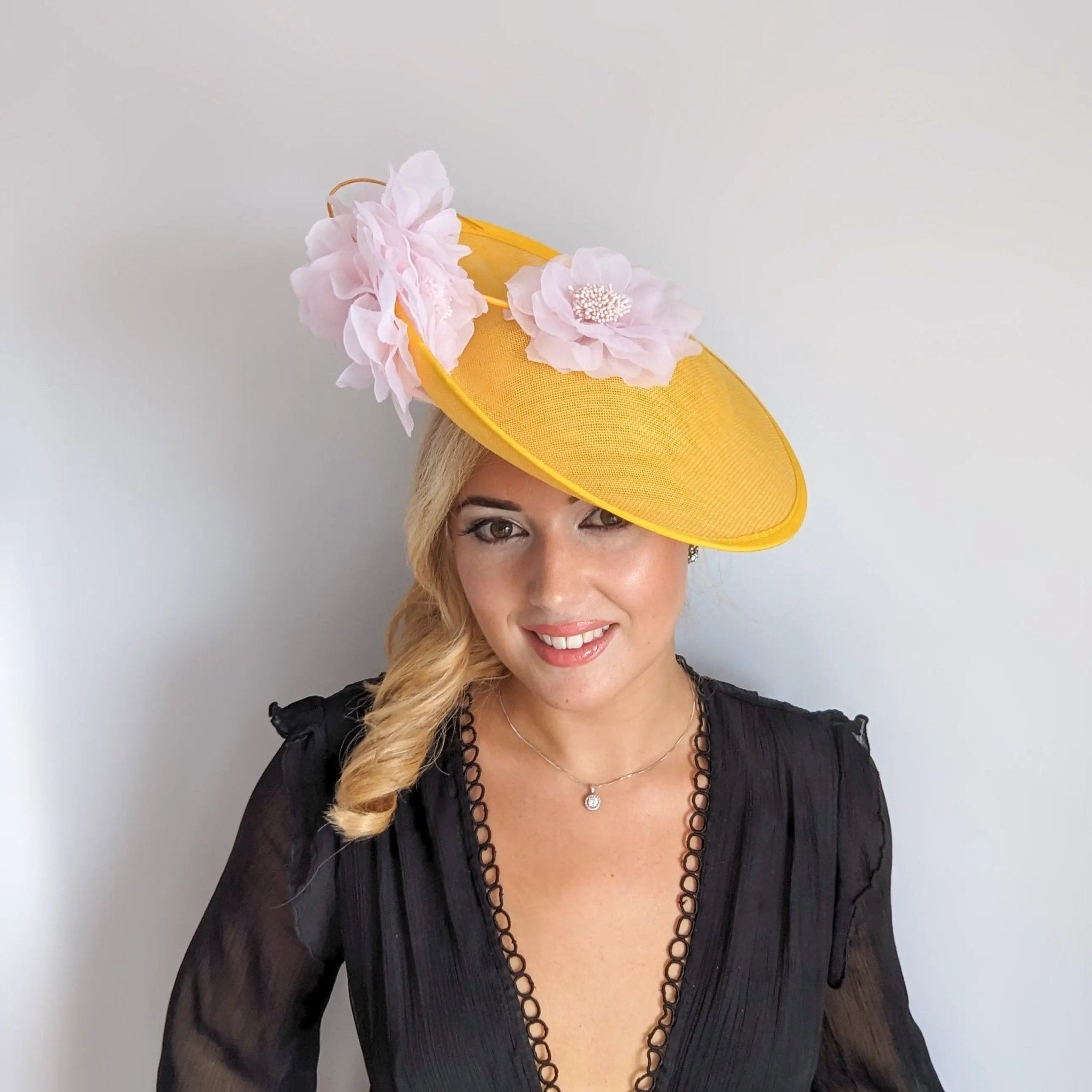 Yellow and pink large flower saucer disc fascinator hat - House of Hats