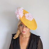 Yellow and pink large flower saucer disc fascinator hat - House of Hats